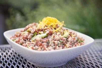 red rice and quinoa salad with pistachio and lemon photo by double image studio