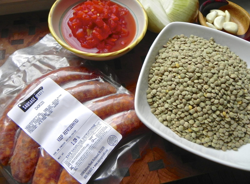 chorizo sausage with lentils and tomato 