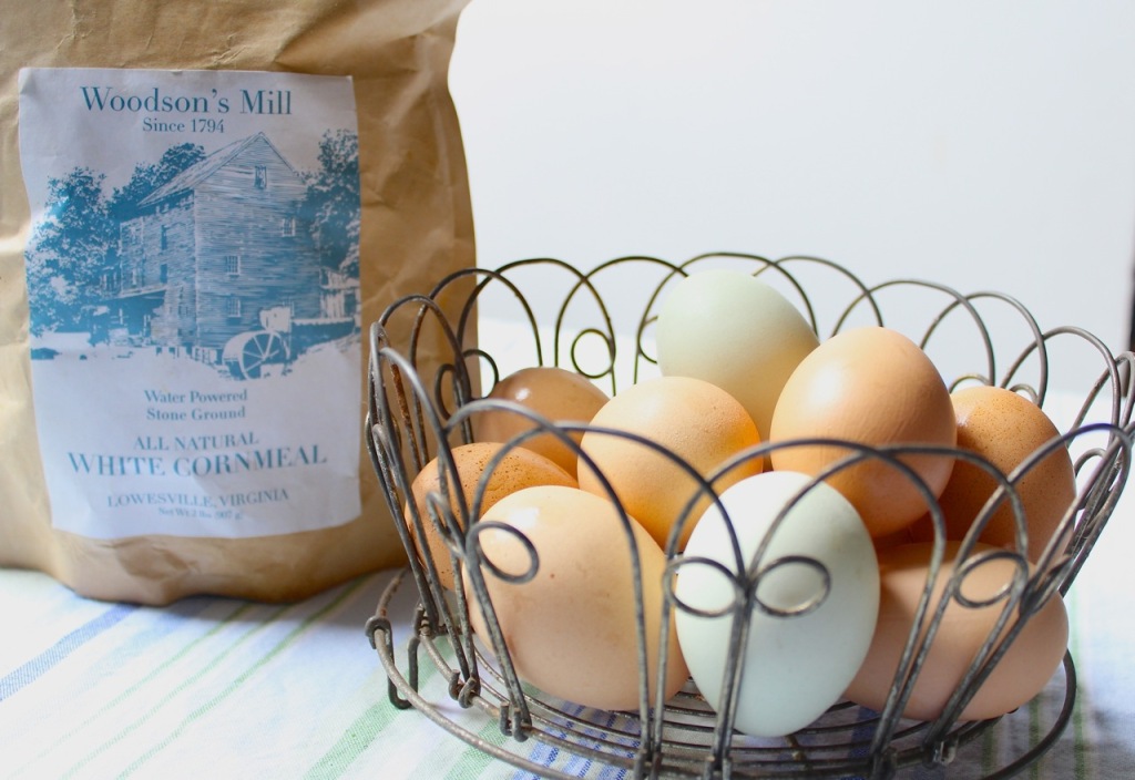 Woodson's Mill white cornmeal and pastured eggs from Pine Fork Farm in Quinton, Virginia