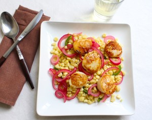scallop and corn salad with pickled red onion