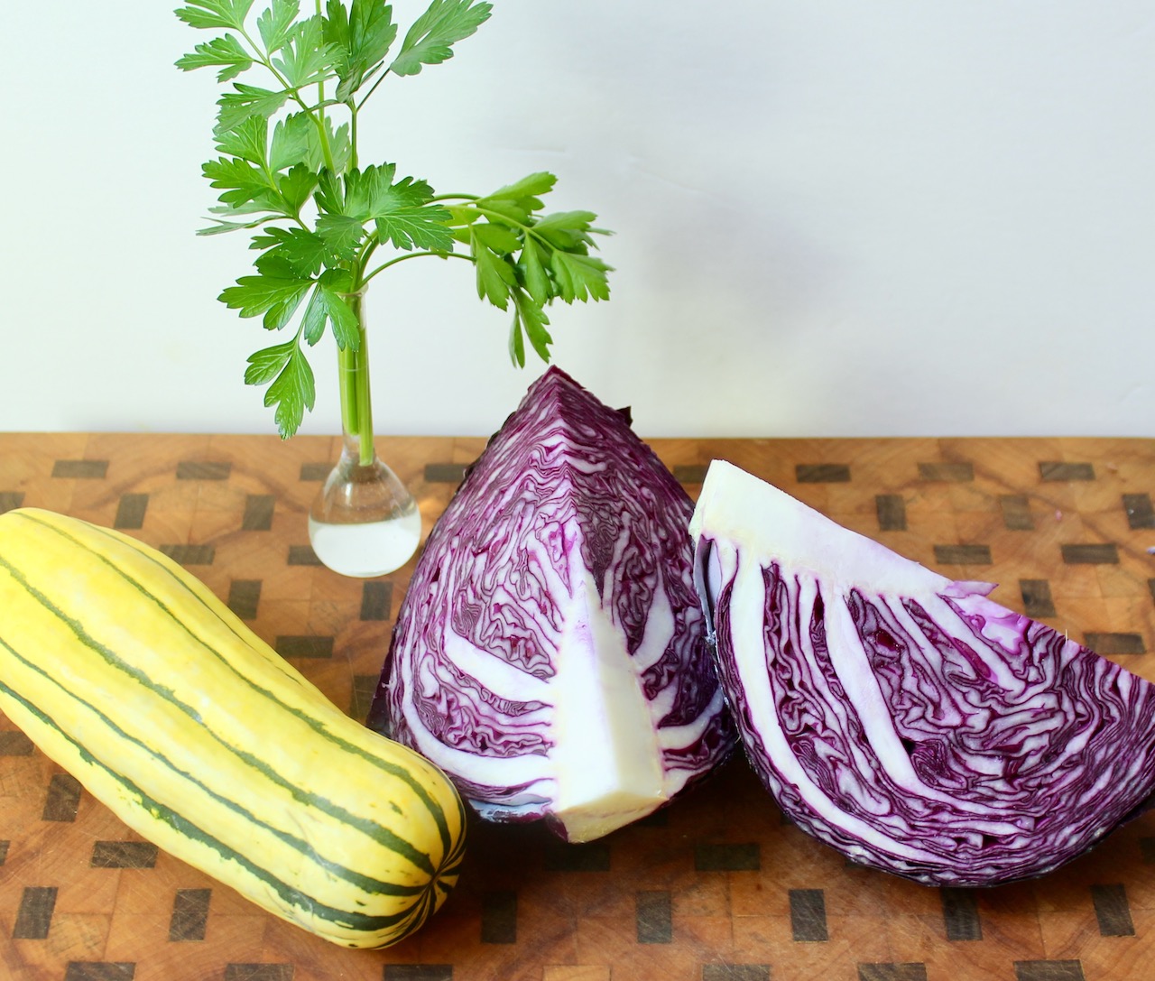 ingredients for red cabbage and delicata squash