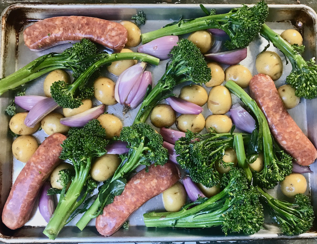 ingredients for sausage broccolini sheet pan dinner