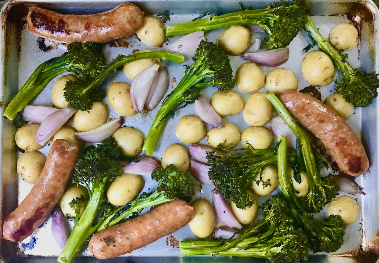 cooked sausage broccolini sheet pan dinner