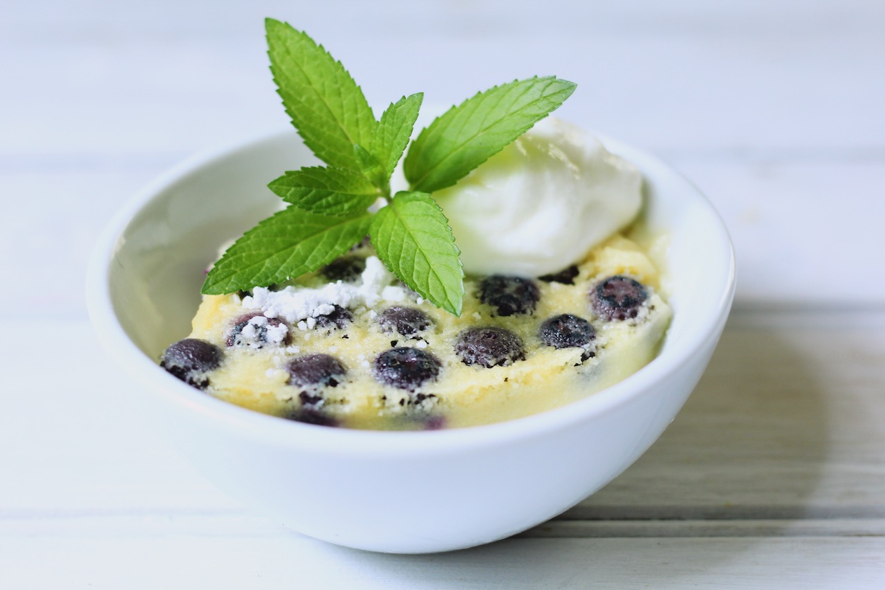 bowl of blueberry lemon pudding cake