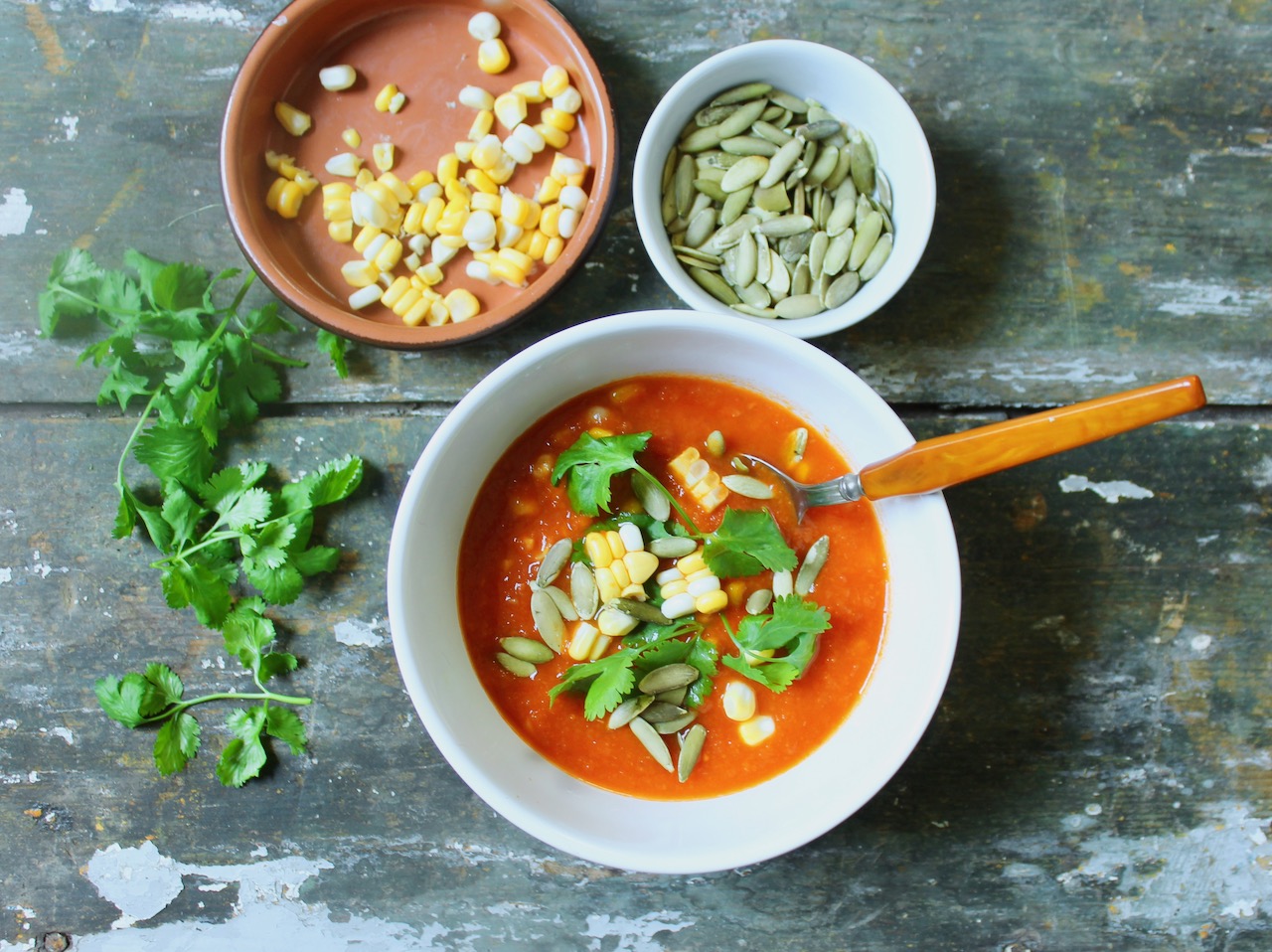 overhead view smoky tomato corn soup