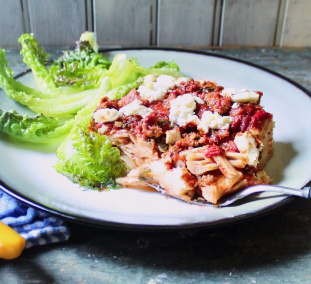 closeup of turkey goat cheese baked pasta