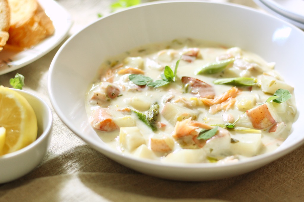 closeup of smoked salmon asparagus chowder