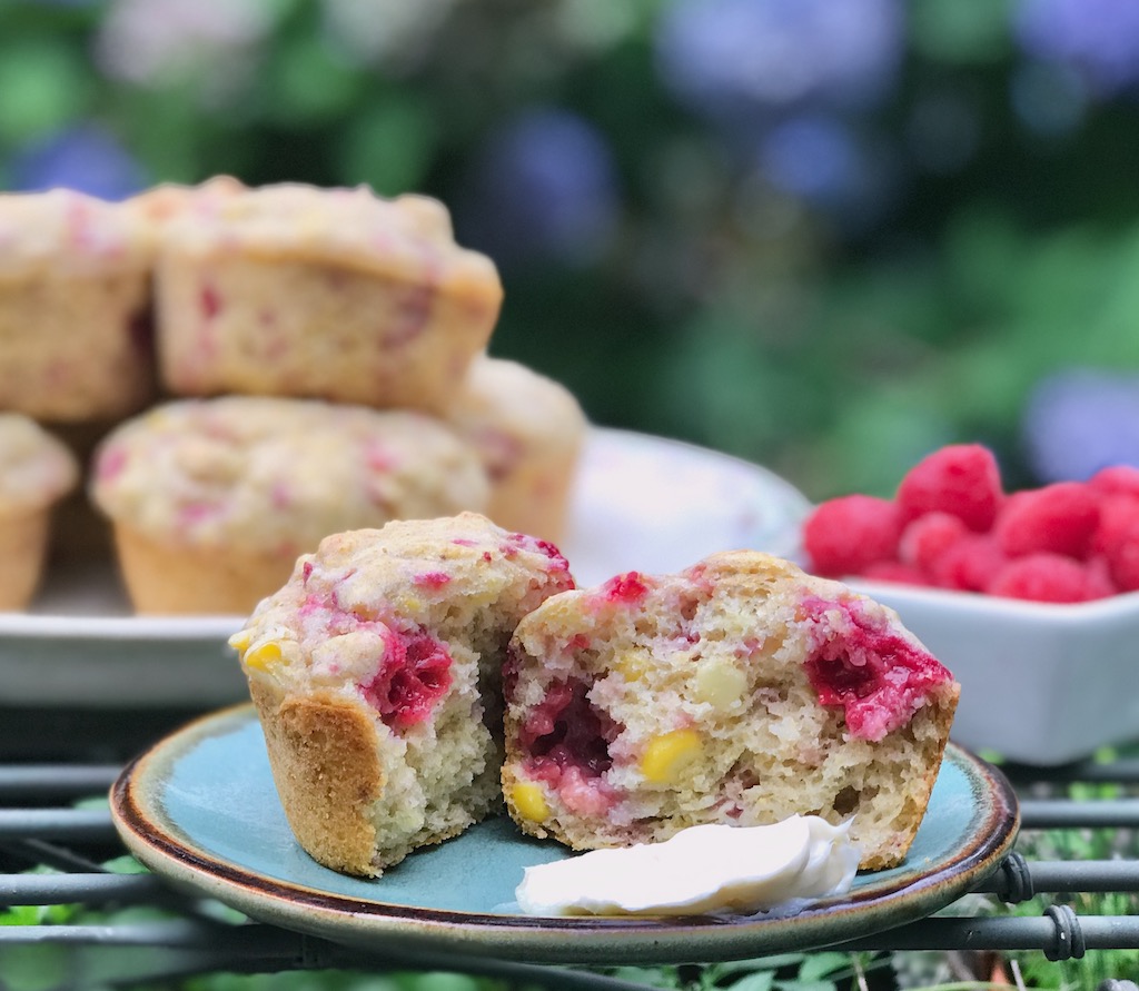 halved raspberry fresh corn muffin