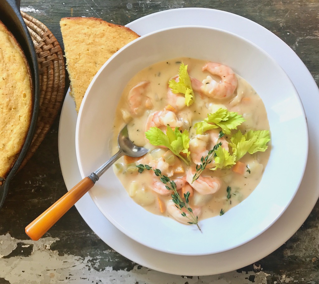 bowl of shrimp and cheddar chowder