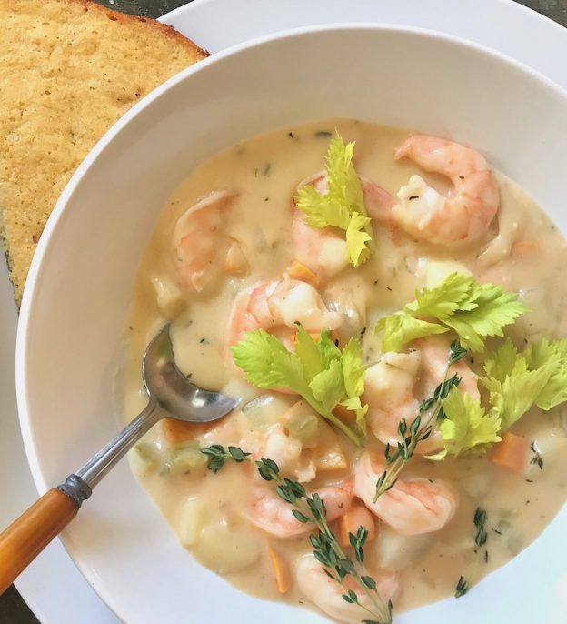 closeup of shrimp and cheese chowder