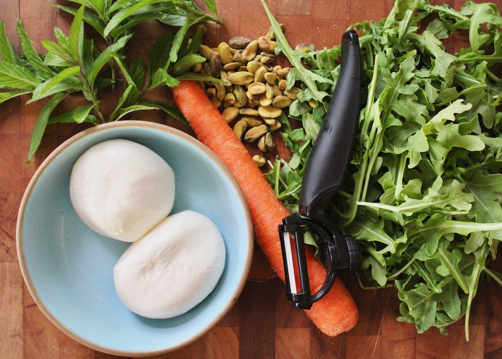 ingredients for carrot arugula burrata salad