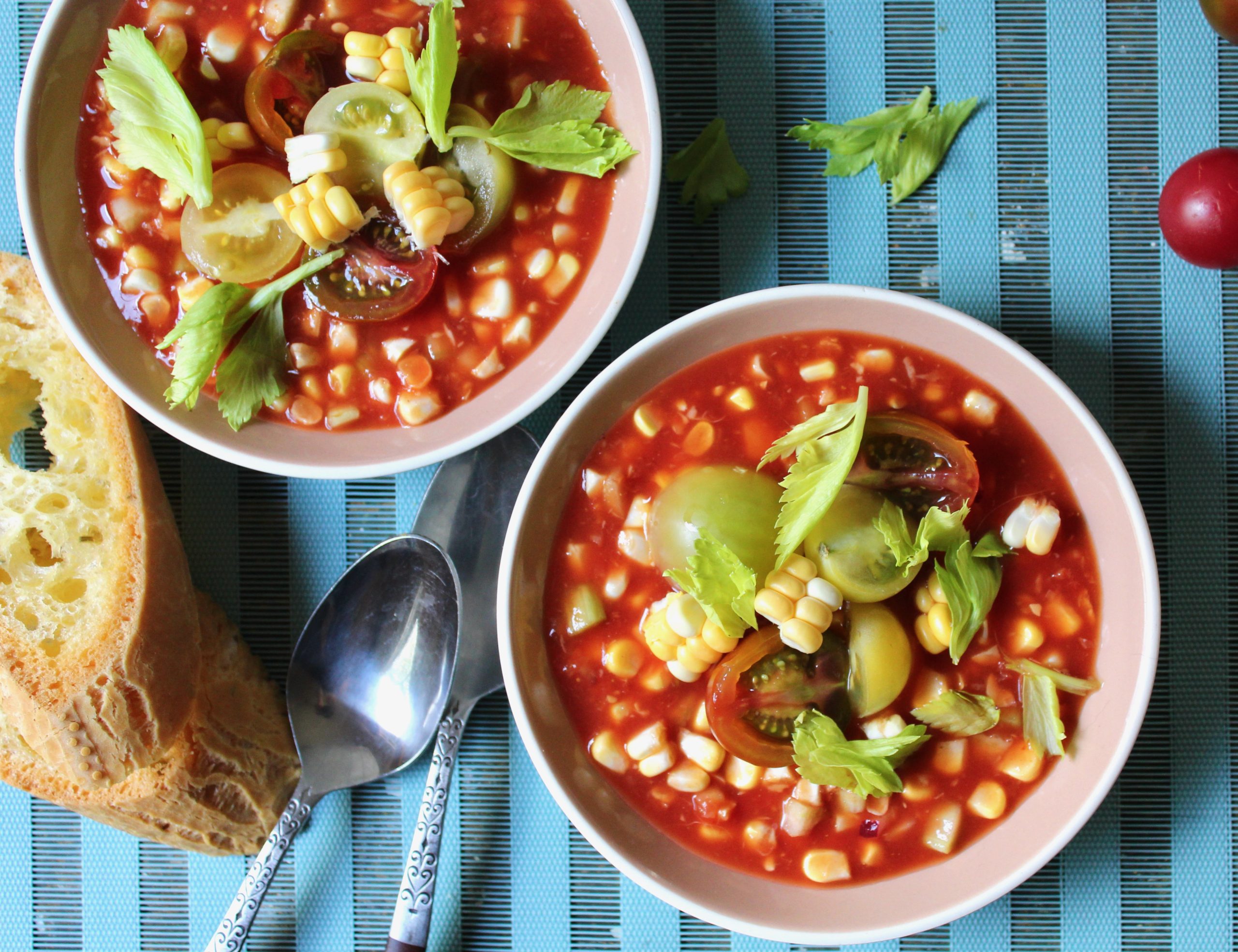 bowls of bloody mary fresh corn soup