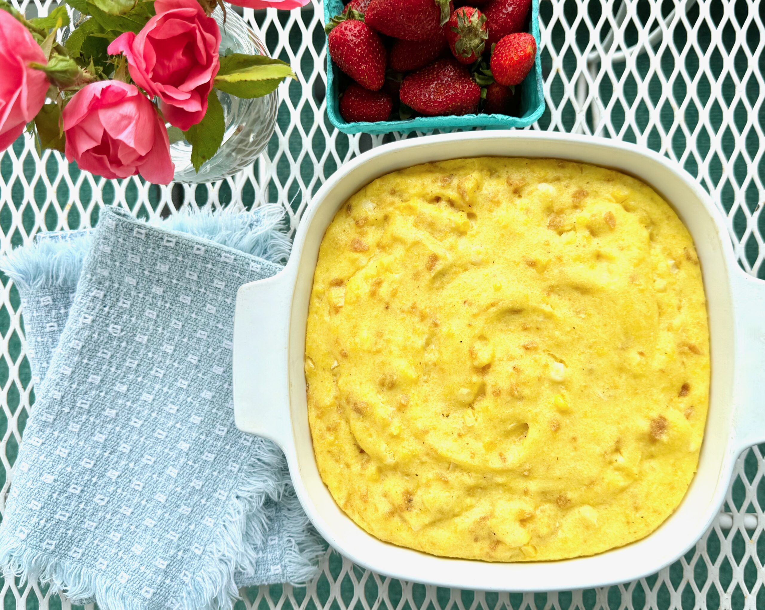 baking dish of triple corn spoon bread