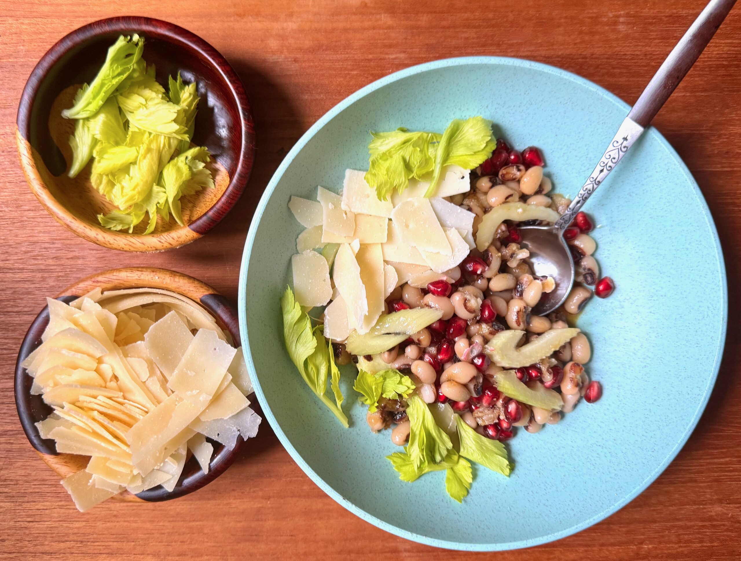 bowl of pomegranate black eye pea salad