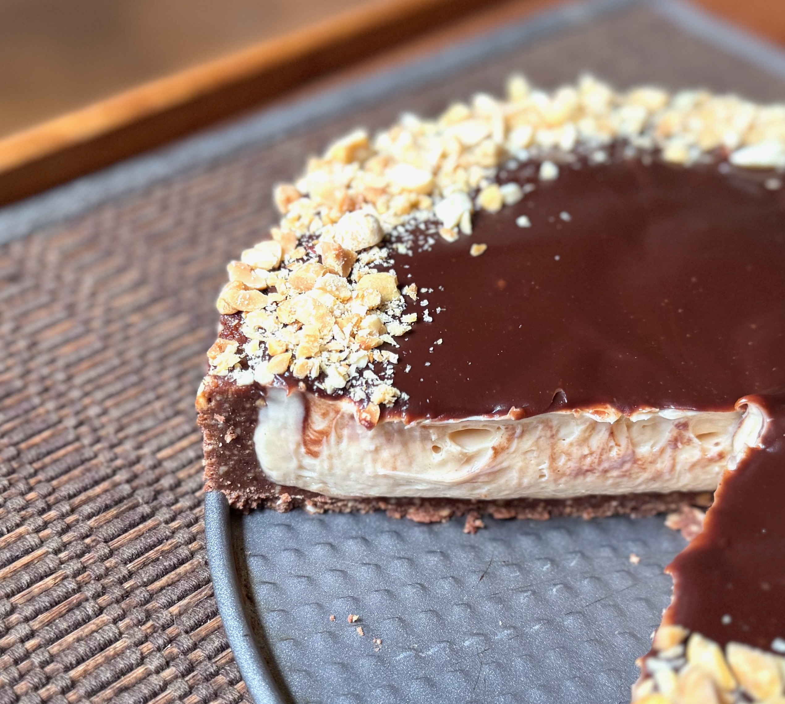 close-up of chocolate peanut cheesecake tart 