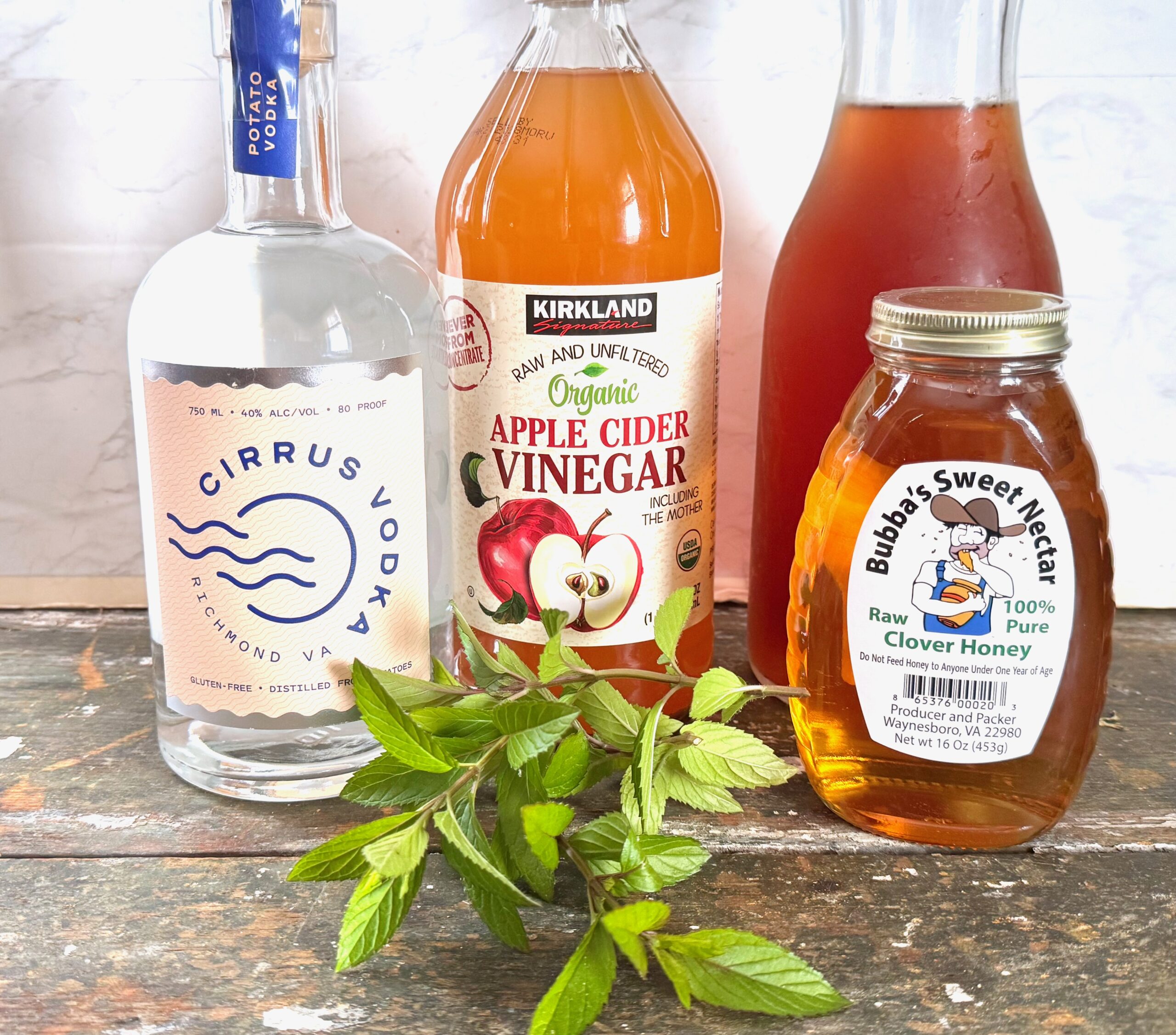 ingredients for mint tea shrub vodka cocktail