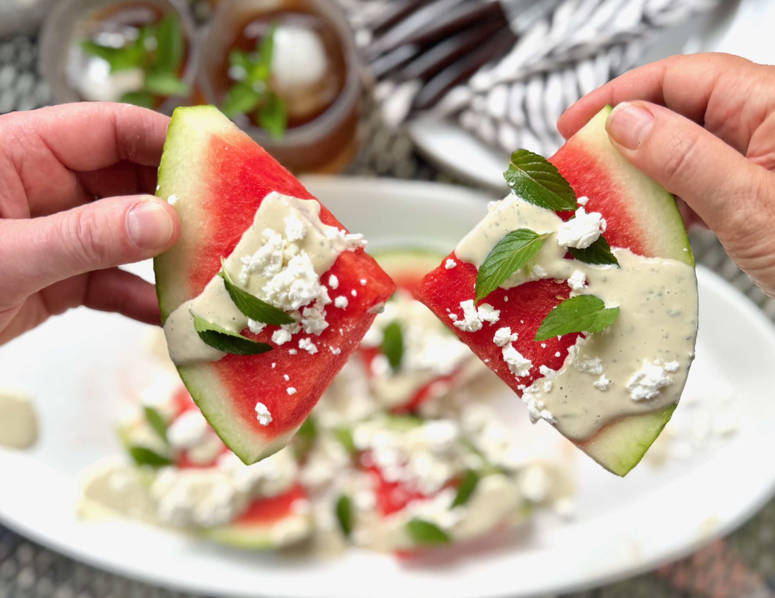 double wedges of lime mint tahini watermelon 